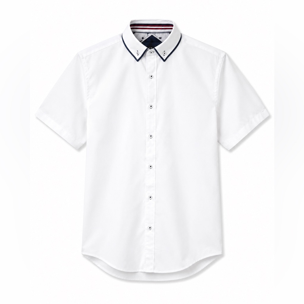 Zara Slim Fit White Short-Sleeve Button-Down Shirt with Navy Trim